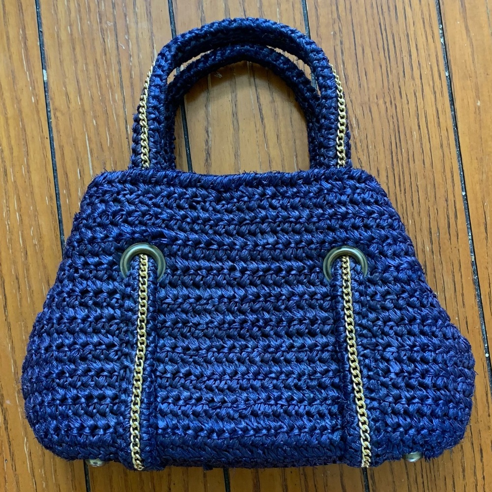 Vintage Navy Blue Raffia Purse with Gold Chain